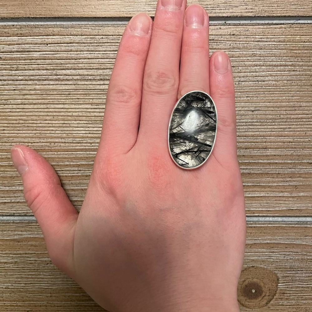 Oval Black and clear quartz and sterling Silver Statement Ring adjustable